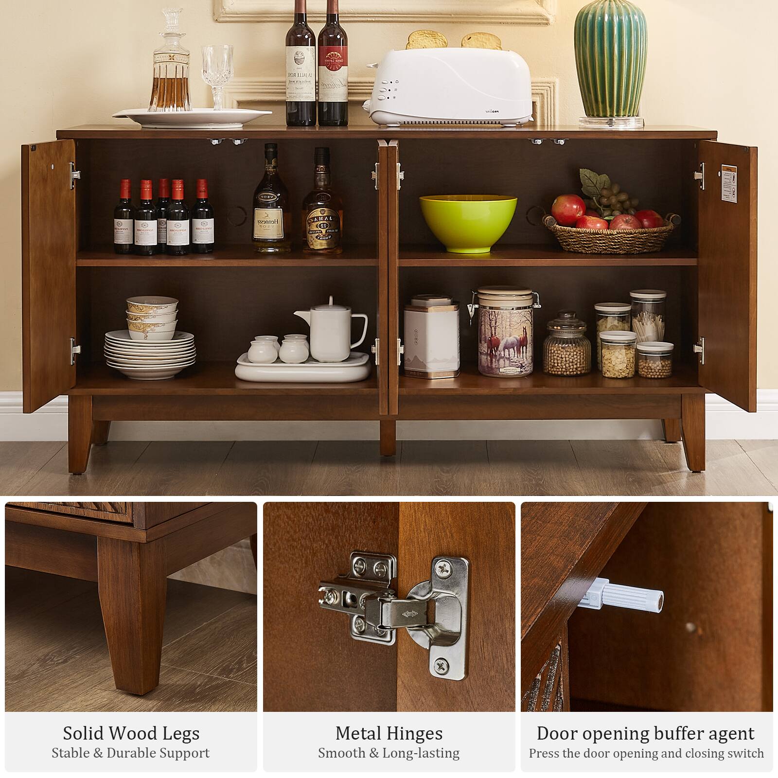 Solid Wood Legs  
Stable & Durable Support  

Metal Hinges  
Smooth & Long-lasting  

Door opening buffer agent  
Press the door opening and closing switch