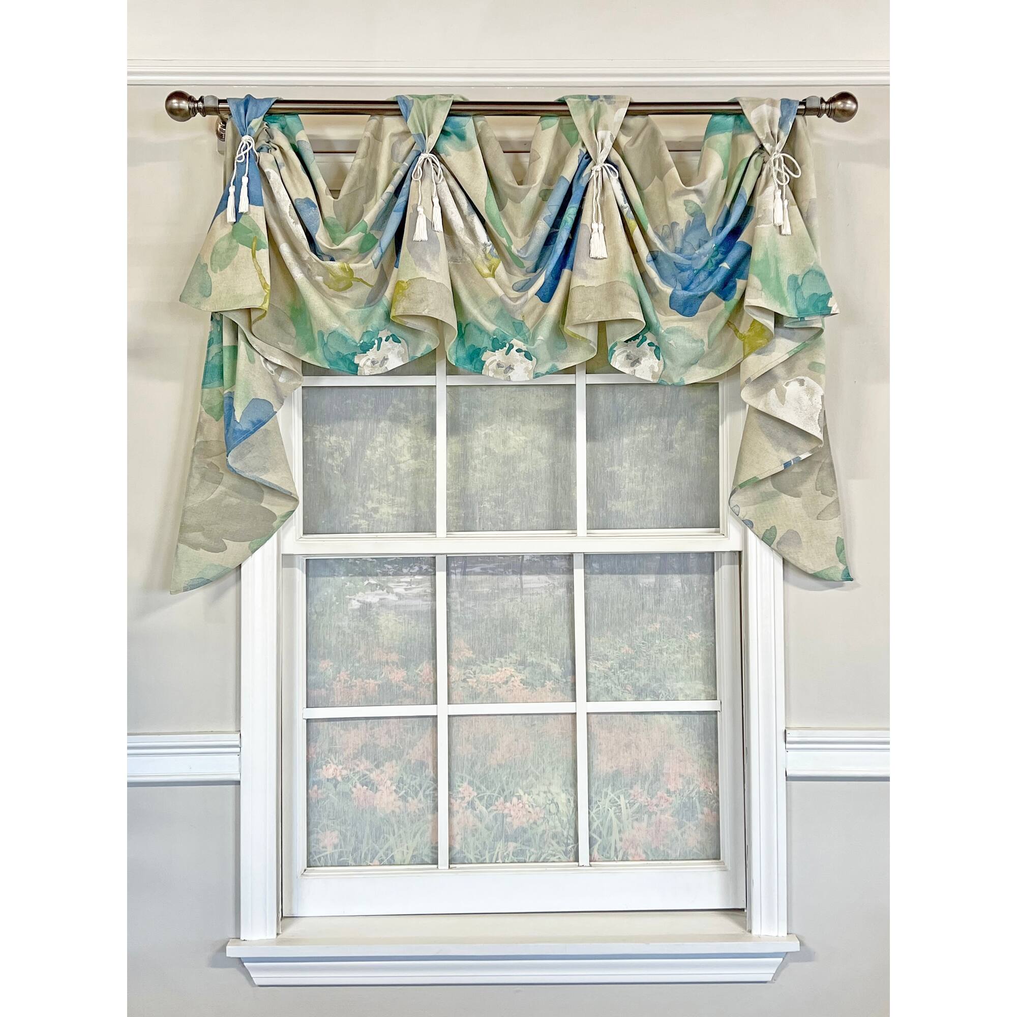 Angle. RLF Home - RLF Home Linen Floral 3-Scoop Victory Swag Natural 4 Tabs 64" x 26" For windows up to 60"W - Natural.