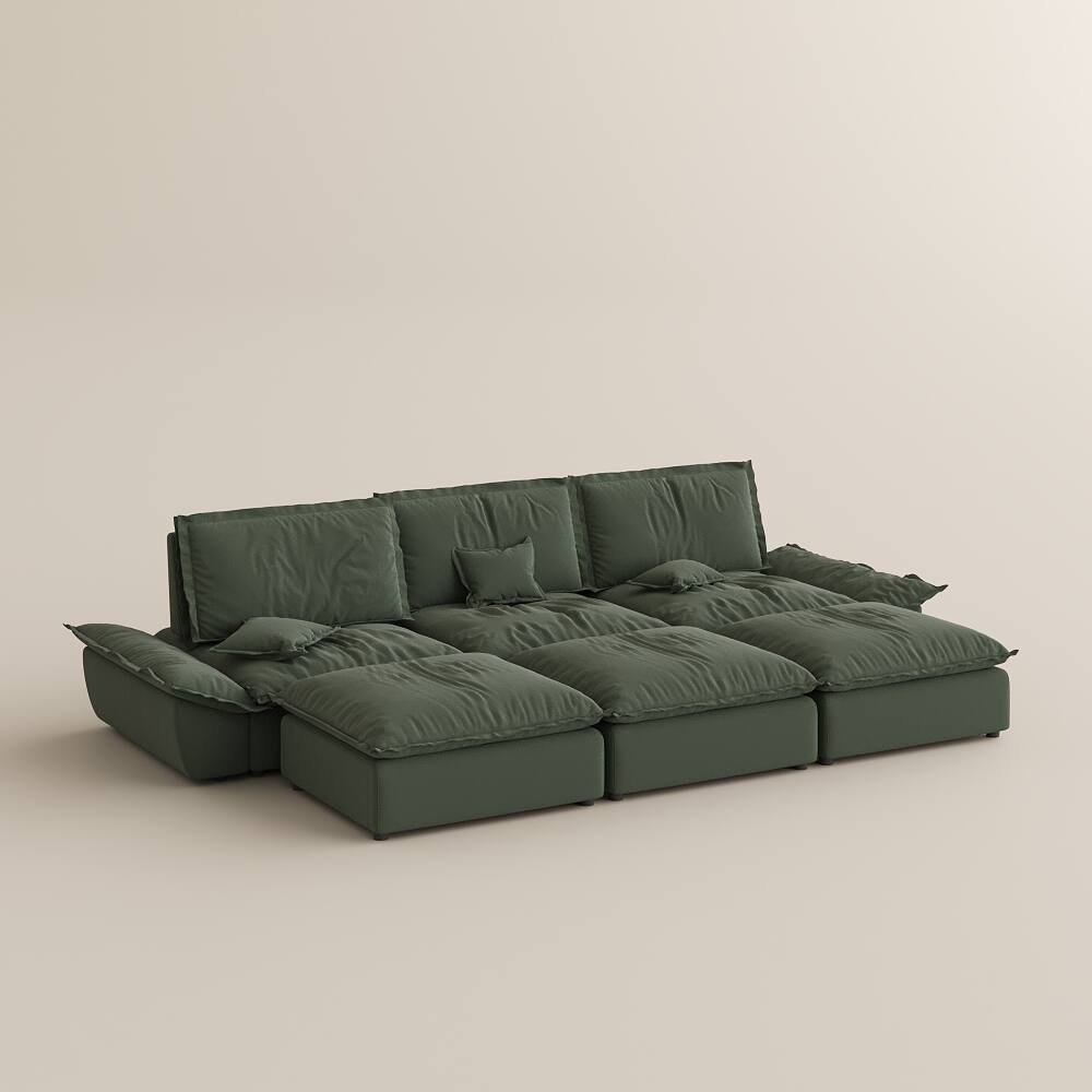 Alt View 8. POVISON - Modern Beige Sleeper Sofa with 3 Ottomans - Green Suede Fabric.