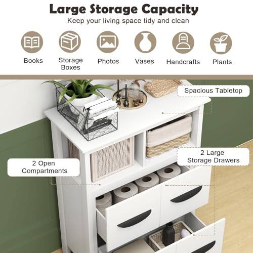 Large Storage Capacity, Keep your living space tidy and clean, Books, Storage Boxes, Photos, Vases, Handcrafts, Plants, Spacious Tabletop, 2 Open Compartments, 2 Large Storage Drawers