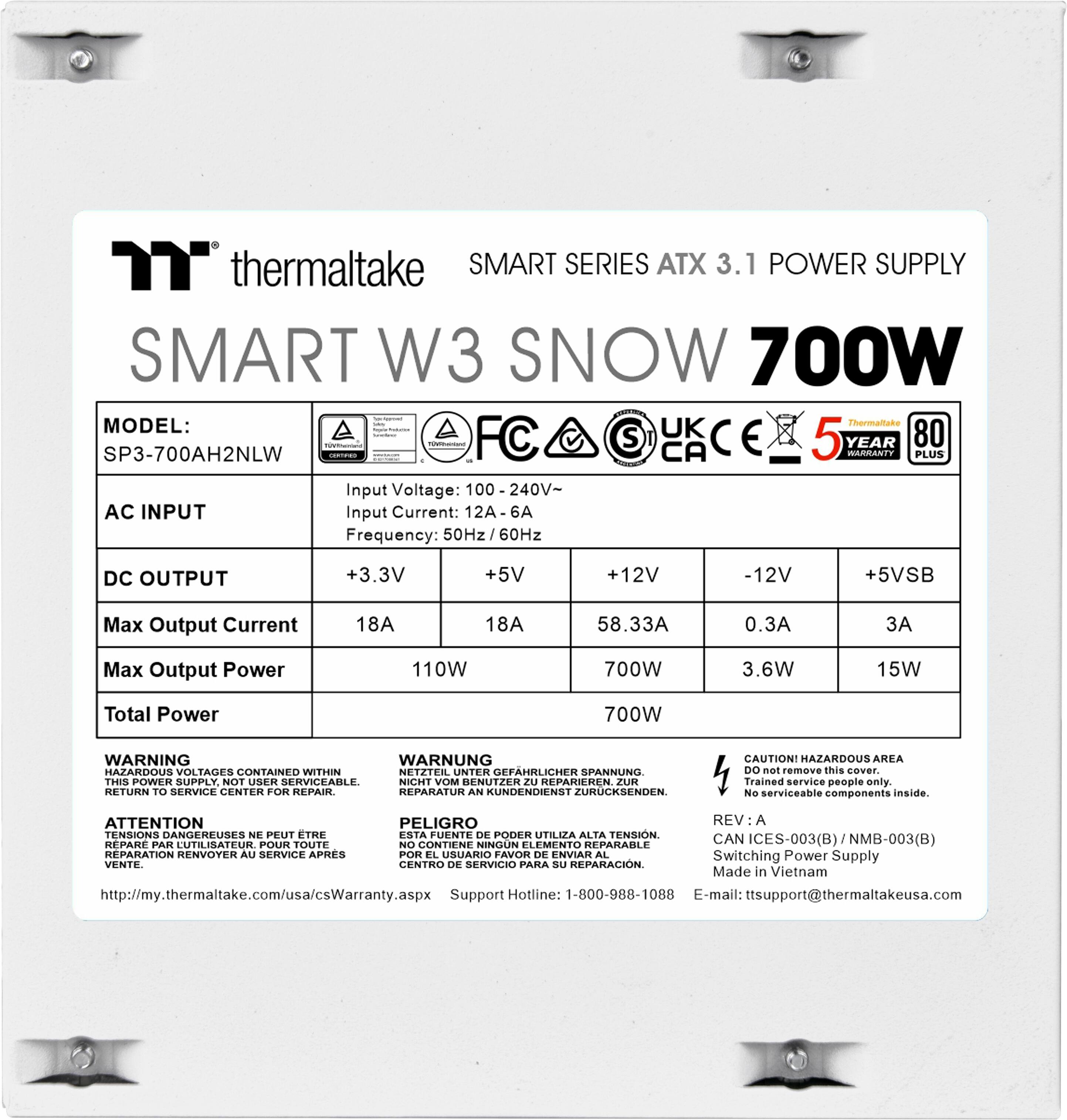 The image features a white box with a label on it that reads "Thermaltake Smart Series ATX 3.1 Power Supply." The box also has a warning label, which indicates that it contains hazardous voltages and should not be serviced by users. The box is designed for a smart W3 Snow 700W power supply. The label also provides information about the input voltage, input current, frequency, and maximum output power. The box is not user-serviceable, and it should be returned to the service center for repair.