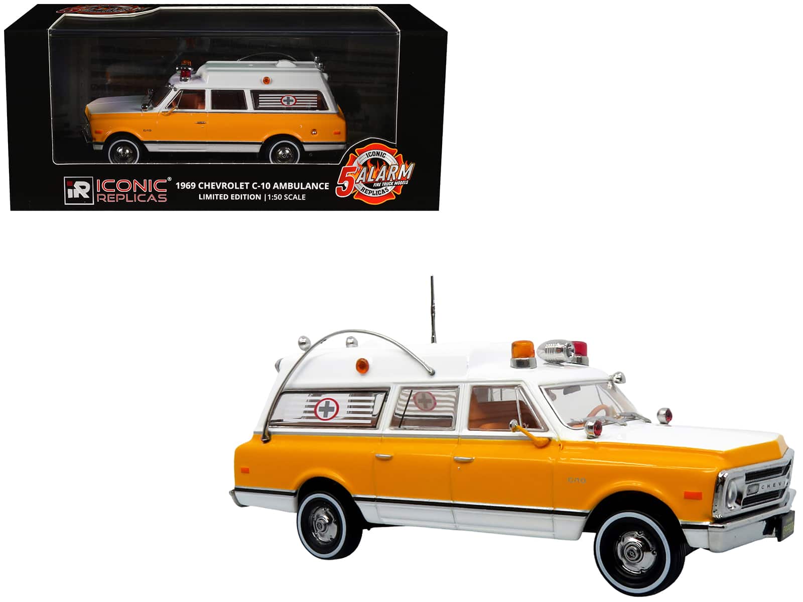 Iconic Replicas - 1969 Chevrolet C-10 Ambulance "Rampart General Hospital" White/Yellow "5 Alarm" Series Limited Edition 1/50 Diecast - White and Yellow
