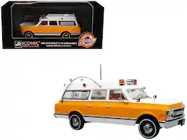 Iconic Replicas - 1969 Chevrolet C-10 Ambulance "Rampart General Hospital" White/Yellow "5 Alarm" Series Limited Edition 1/50 Diecast - White and Yellow