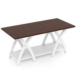 Pefilos - 40" Farmhouse 2-Tier Wood Coffee Table, Open Storage Shelf, X-Shaped Support Frame, Walnut & White - Brown