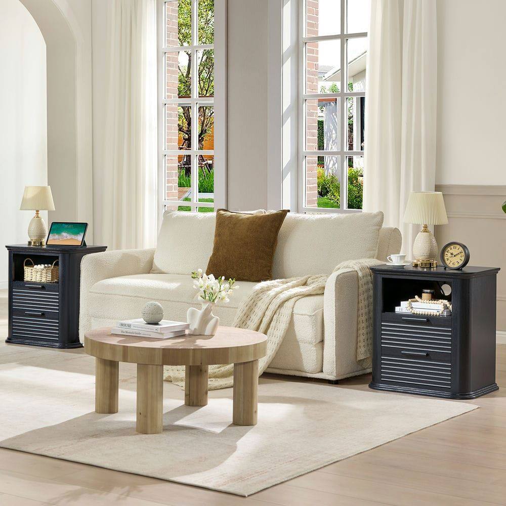 Alt View 6. Kadyn - Resenkos 22" Fluted Nightstand with Charging Station, Modern 2-Drawer End Table with Open Storage for Bedroom - Black.