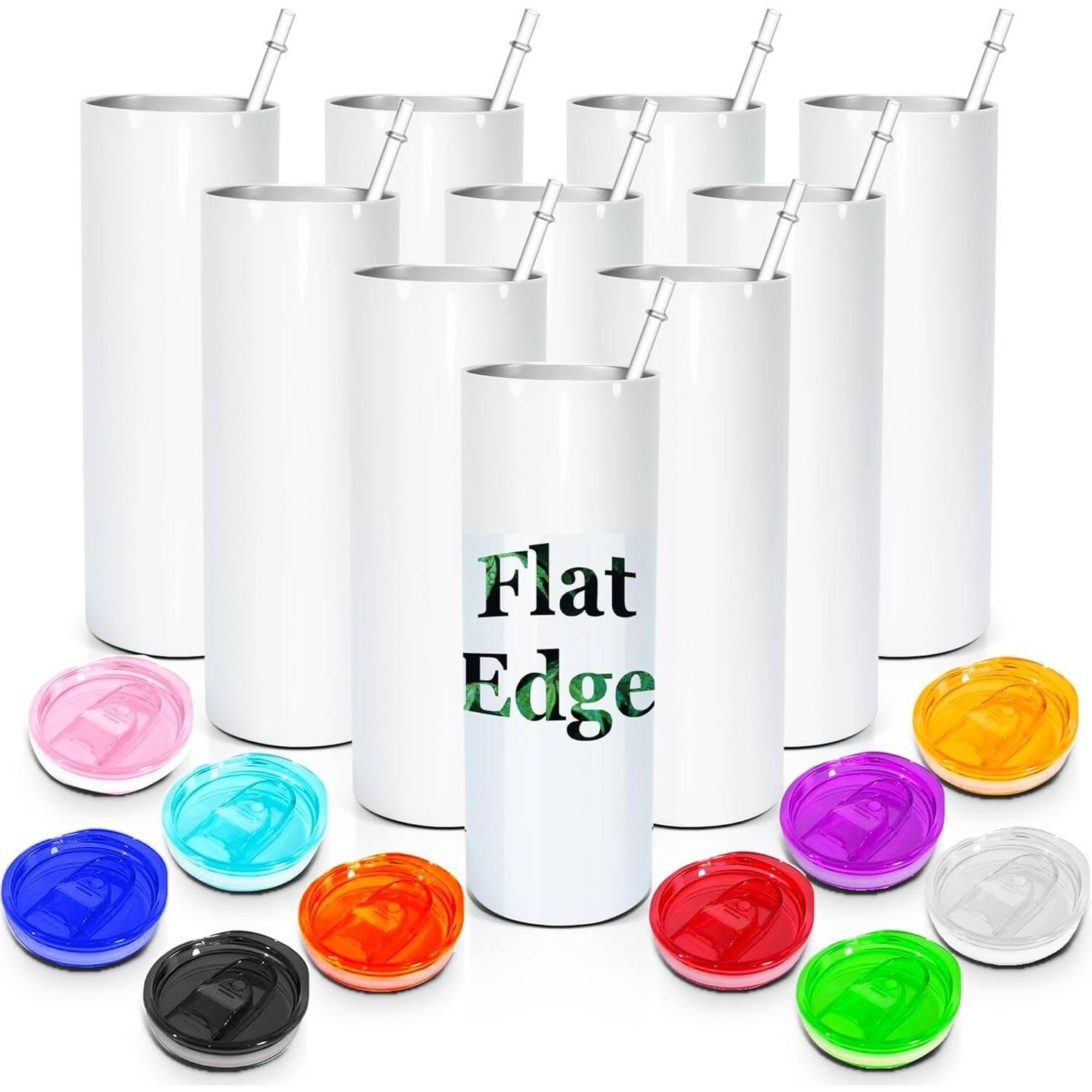 PARKER SLATER - 10-pack 20oz sublimation skinny tumblers with colorful lids, plastic straws, flat edge blanks, individually boxed - Multicolor