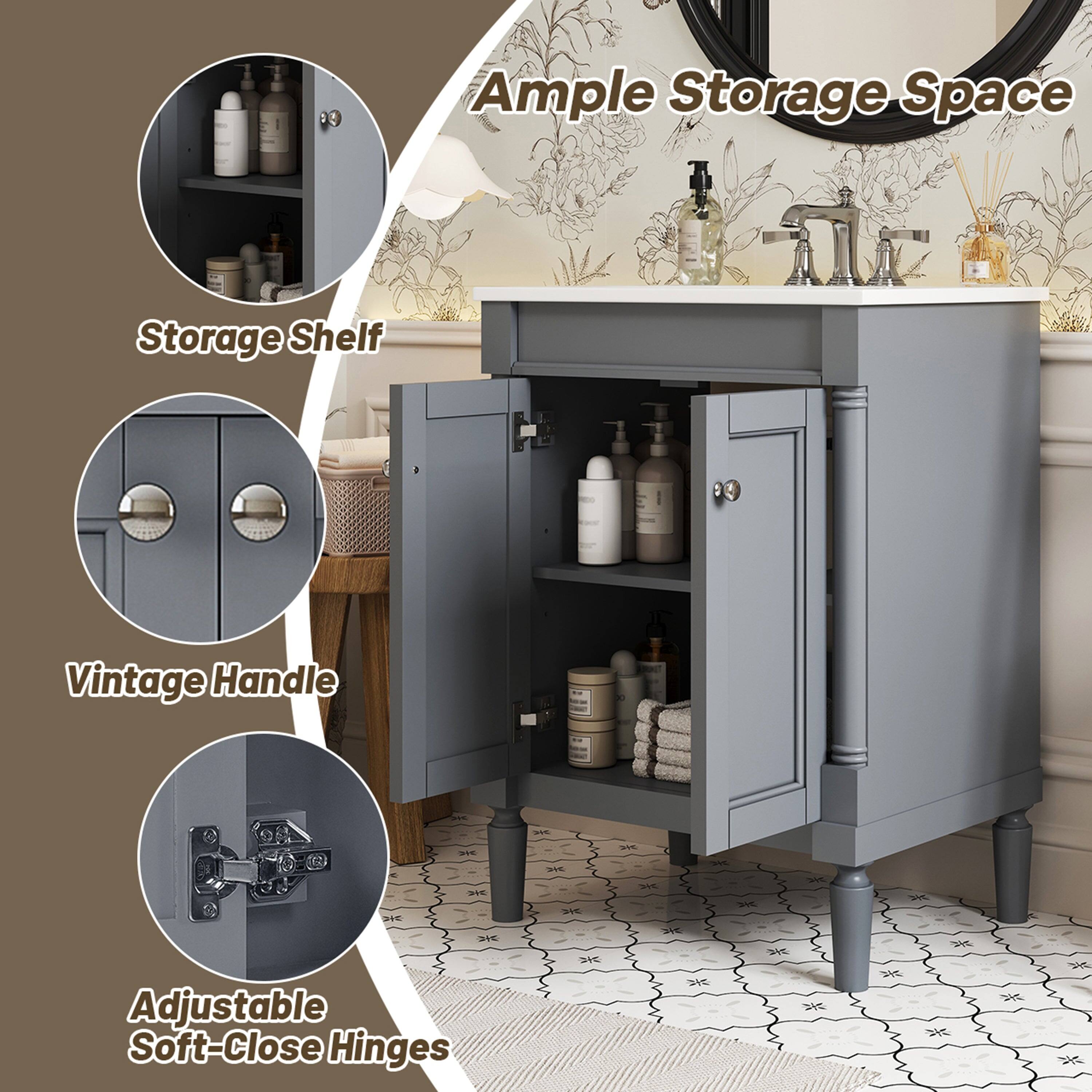 Ample Storage Space  
Storage Shelf  
Vintage Handle  
Adjustable Soft-Close Hinges