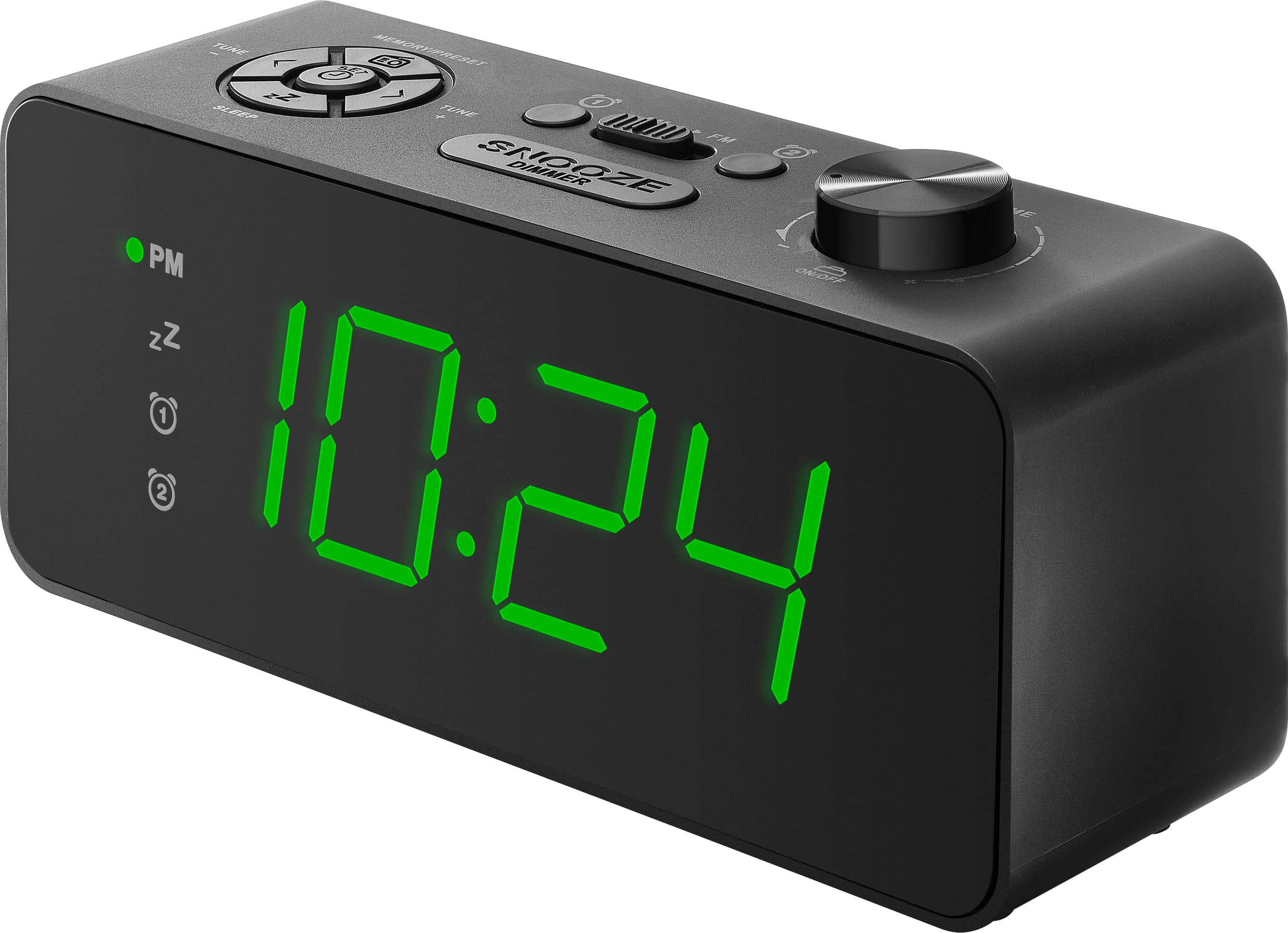 The text on the image reads: "TONE EORTREE MENU F FPRESET 2 SEEE TUNE mom FM SNOOZE DIMMER Z5 PM CROFF zZ 1 2 10:24". The corrected text would be: "TONE EORTREE MENU F FPRESET 2 SEEE TUNE mom FM SNOOZE DIMMER Z5 PM CROFF zZ 1 2 10:24".