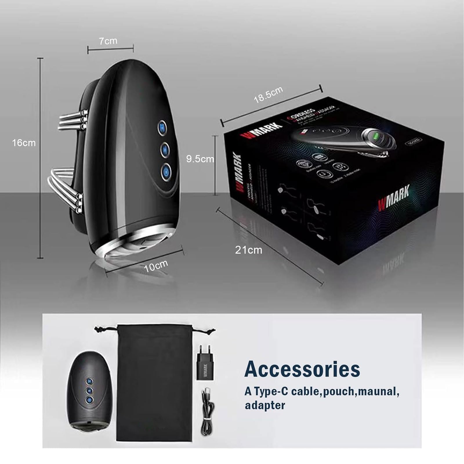 - 7cm
- 16cm
- 9.5cm
- 18.5cm
- 10cm
- 21cm

- Accessories
  - A Type-C cable, pouch, manual, adapter