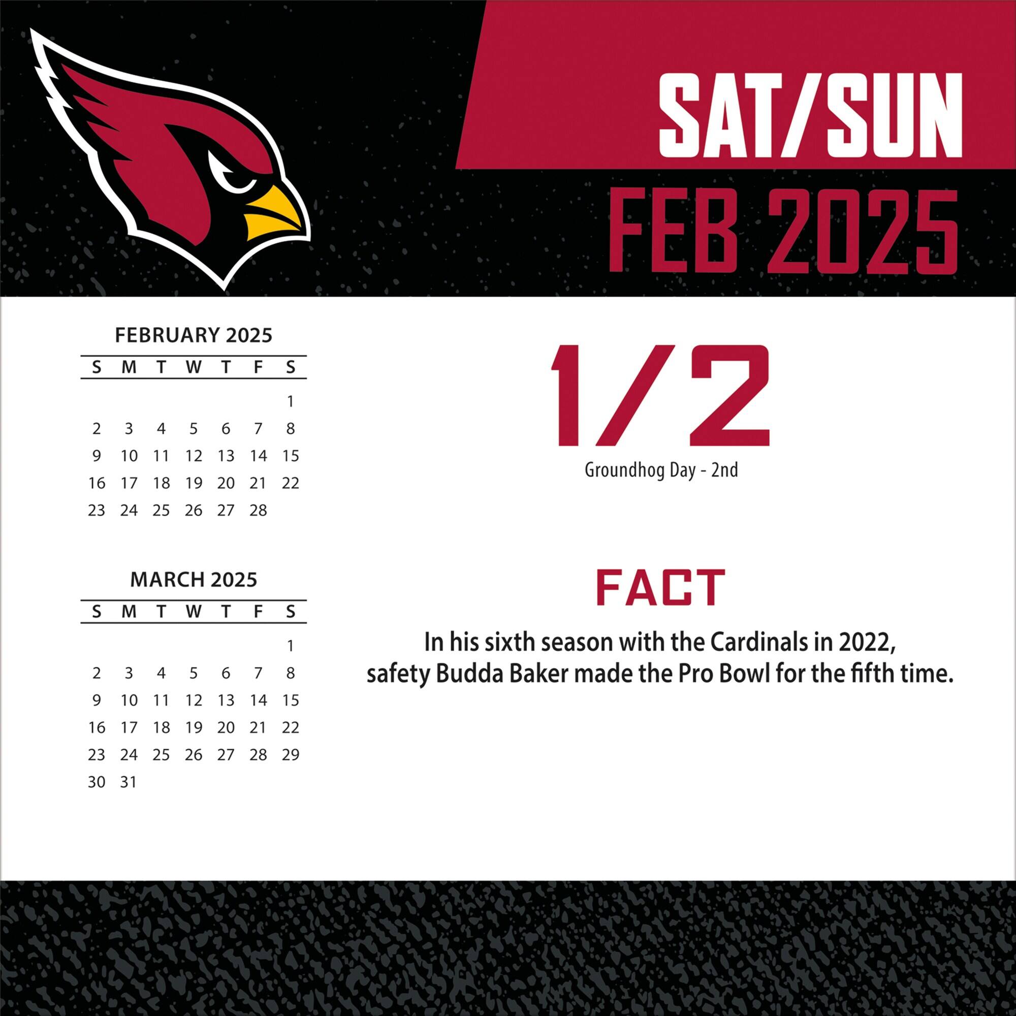 **SAT/SUN**  
**FEB 2025**  

**1/2**  
Groundhog Day - 2nd  

**FACT**  
In his sixth season with the Cardinals in 2022, safety Budda Baker made the Pro Bowl for the fifth time.  

---

**FEBRUARY 2025**  
S M T W T F S  
1  
2 3 4 5 6 7 8  
9 10 11 12 13 14 15  
16 17 18 19 20 21 22  
23 24 25 26 27 28  

**MARCH 2025**  
S M T W T F S  
1  
2 3 4 5 6 7 8  
9 10 11 12 13 14 15  
16 17 18 19 20 21 22  
23 24 25 26 27 28 29  
30