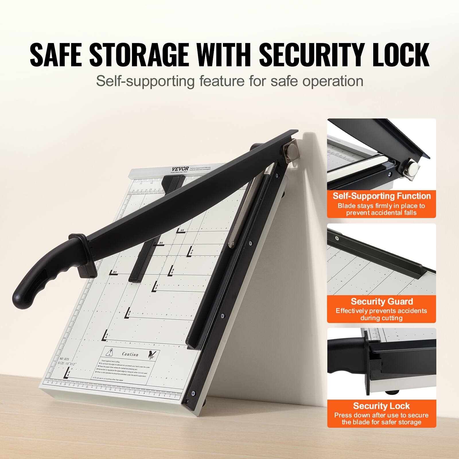 SAFE STORAGE WITH SECURITY LOCK  
Self-supporting feature for safe operation

Self-Supporting Function  
Blade stays firmly in place to prevent accidental falls

Security Guard  
Effectively prevents accidents during cutting

Security Lock  
Press down after use to secure the blade for safer storage