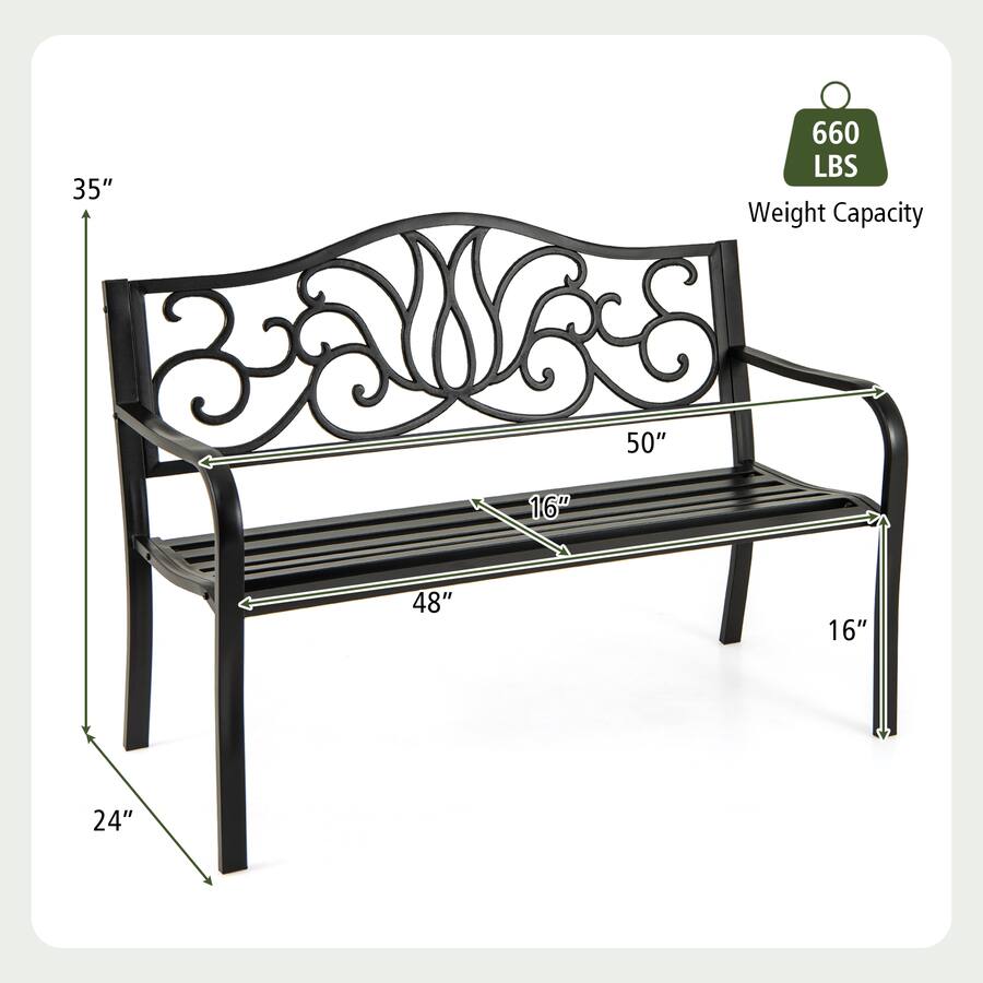 Slanted Backrest Gymax 2 person Metal Bench w/ Floral Pattern Slanted Backrest Slatted ...