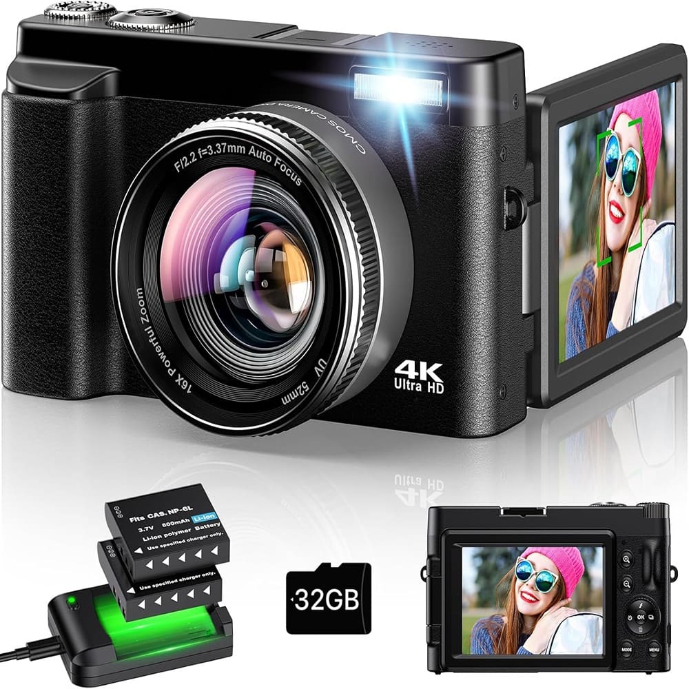 ACJPR - 4K Digital Camera, 48MP, 16X Zoom, 180° Flip Screen, 2 Batteries, Black