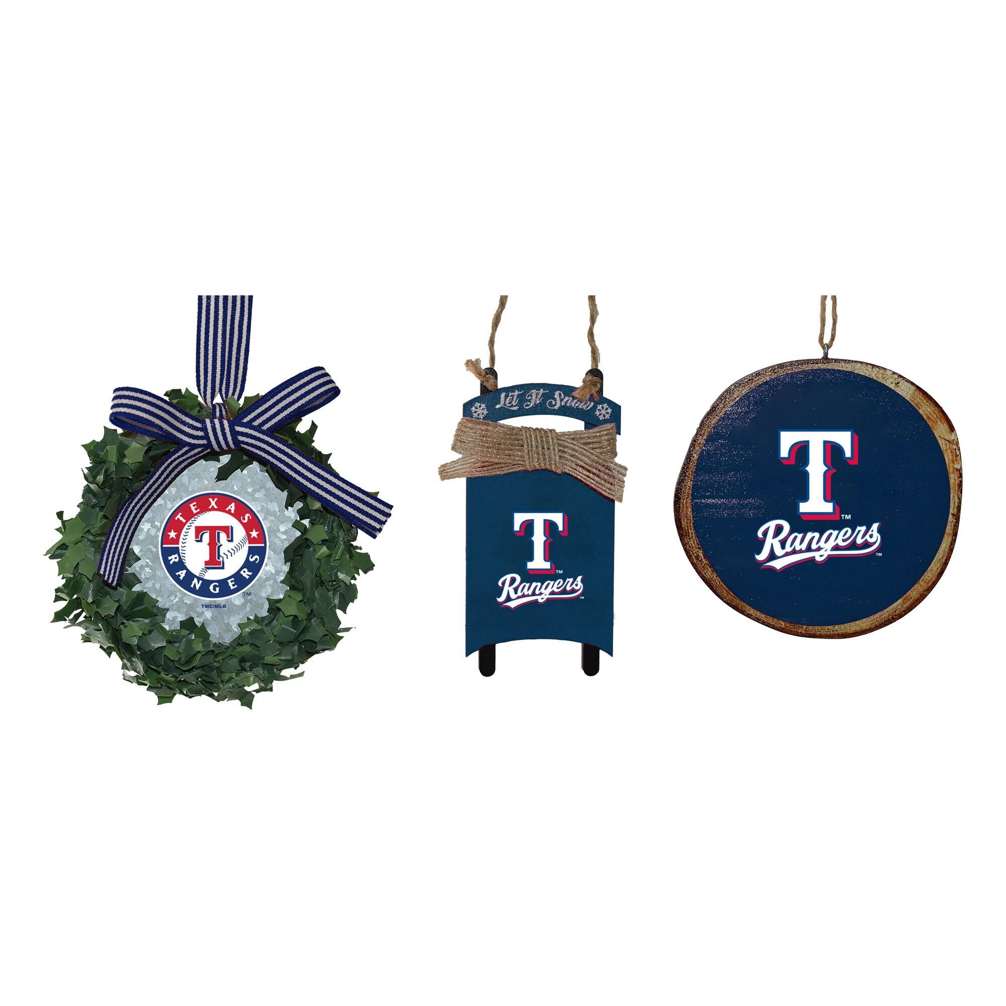 The Memory Company - Texas Rangers Three-Pack Wreath, Sled & Circle Ornament Set - Blue