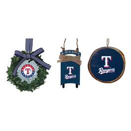 The Memory Company - Texas Rangers Three-Pack Wreath, Sled & Circle Ornament Set - Blue