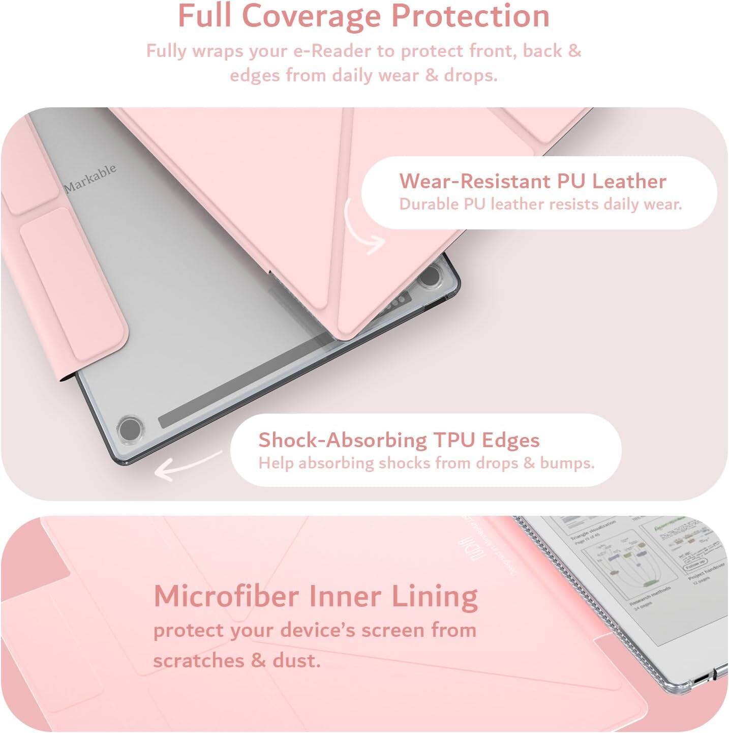 Full Coverage Protection  
Fully wraps your e-Reader to protect front, back & edges from daily wear & drops.

Wear-Resistant PU Leather  
Durable PU leather resists daily wear.

Shock-Absorbing TPU Edges  
Help absorbing shocks from drops & bumps.

Microfiber Inner Lining  
Protect your device's screen from scratches & dust.