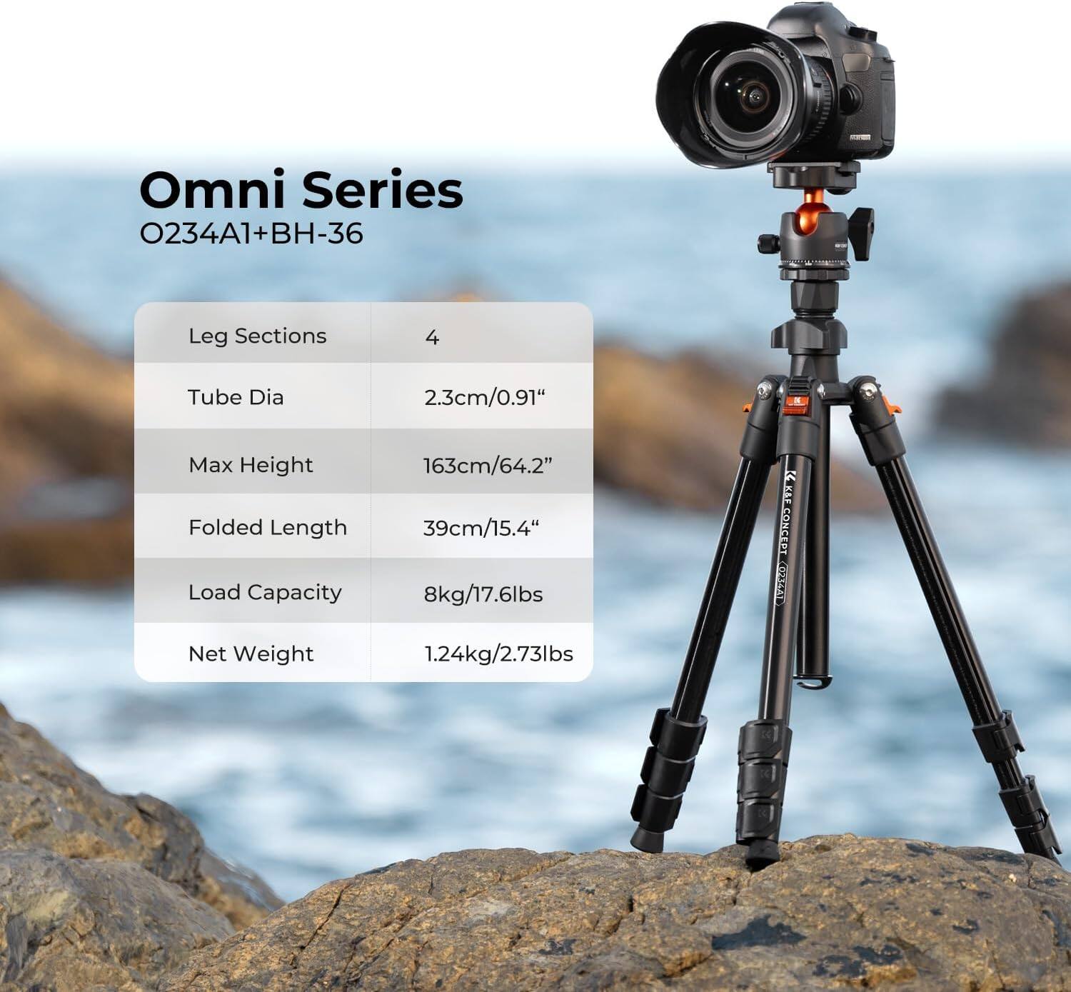 Omni Series  
O234A1+BH-36  

Leg Sections: 4  
Tube Dia: 2.3cm/0.91"  
Max Height: 163cm/64.2"  
Folded Length: 39cm/15.4"  
Load Capacity: 8kg/17.6lbs  
Net Weight: 1.24kg/2.73lbs  

K R4KAE  
CONCEPT sD
