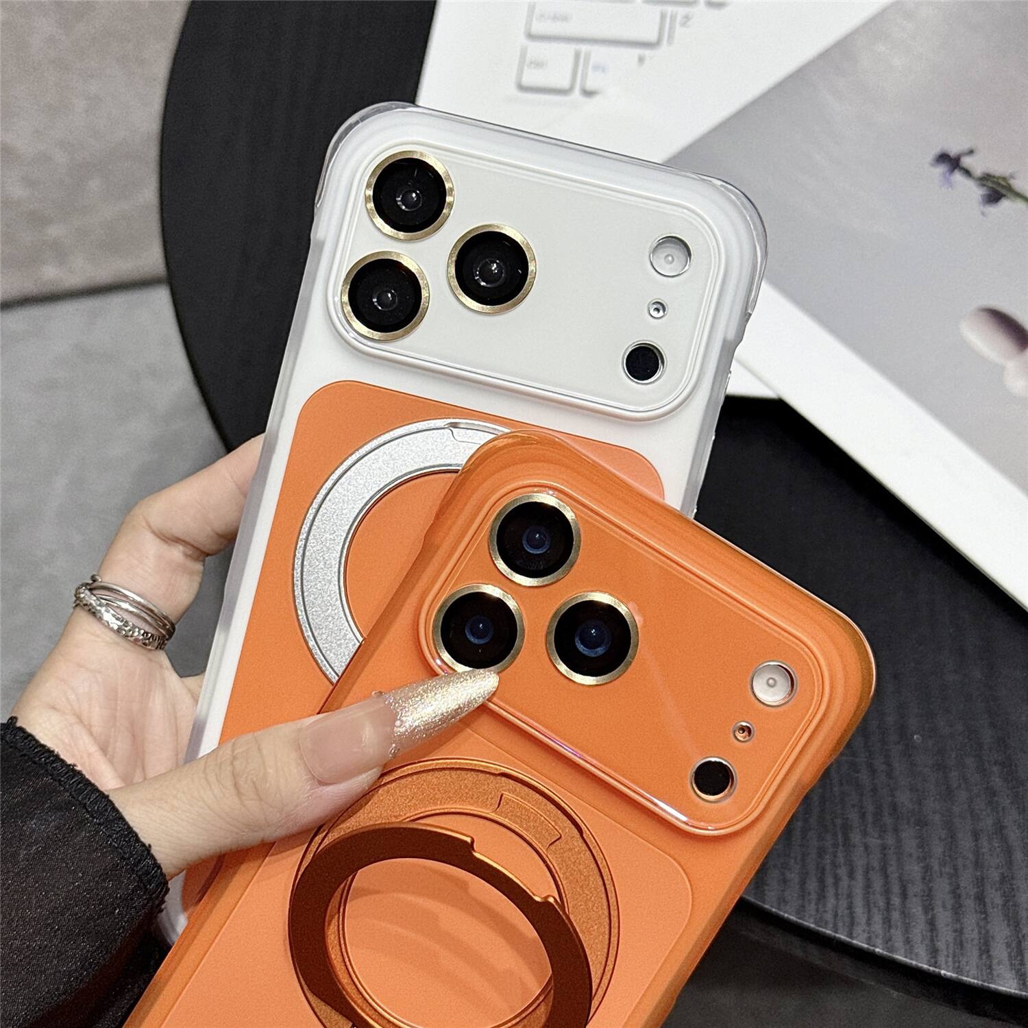 Angle. Dteck - for Apple iPhone 17 Pro Max Magnetic Case with Ring Stand,Matte Back Shockproof PC TPU Cover Bulit in Full Lens Cover - Red.