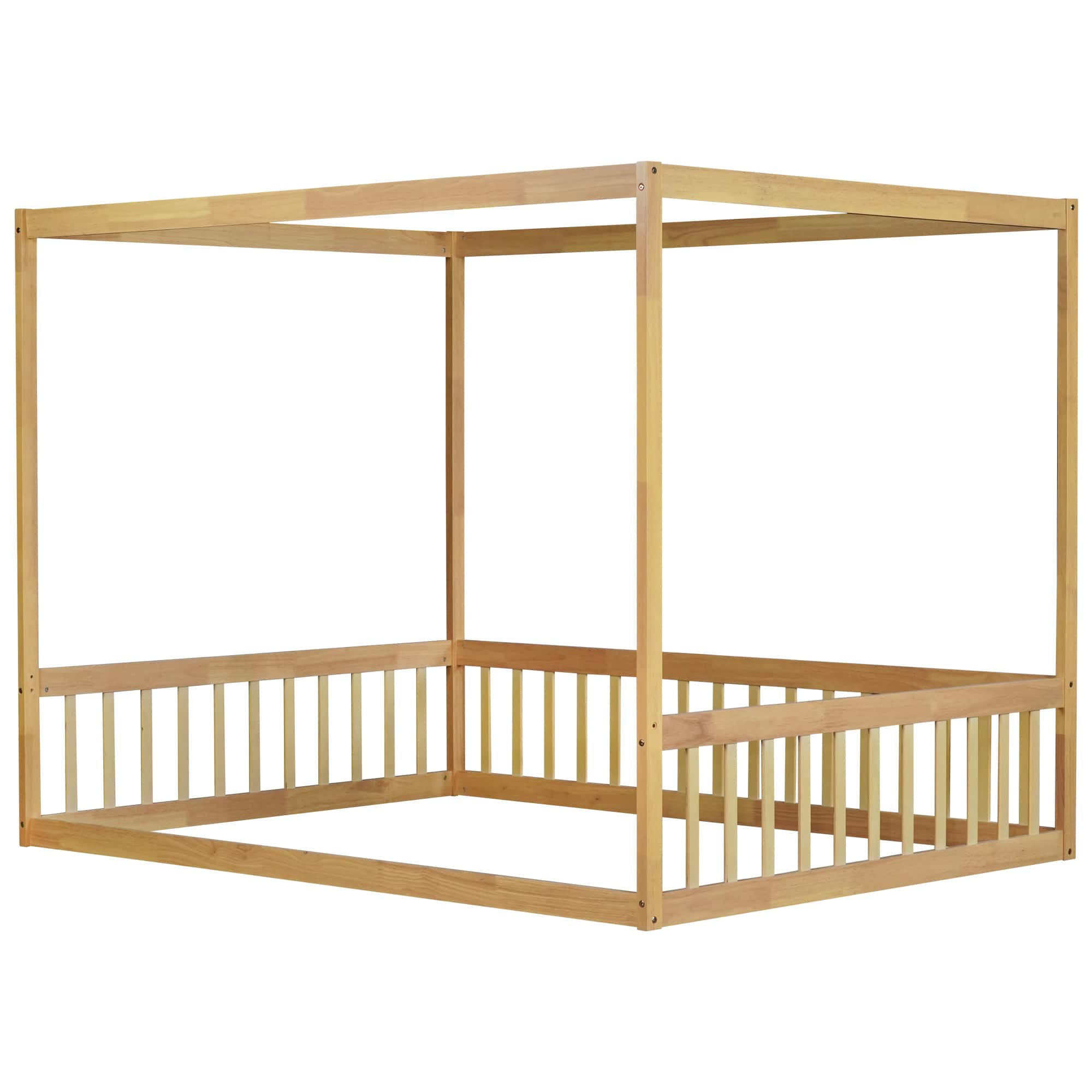 GOODSILO - Full Size Canopy Frame Floor Bed with Safety Guardrails - Natural