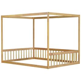 GOODSILO - Full Size Canopy Frame Floor Bed with Safety Guardrails - Natural
