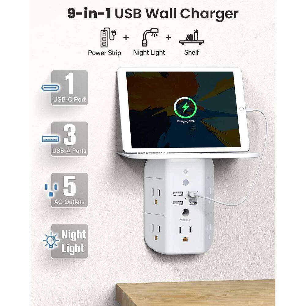 9-in-1 USB Wall Charger

- Power Strip
- Night Light
- Shelf

1 USB-C Port
3 USB-A Ports
5 AC Outlets
Night Light

Charging 75%