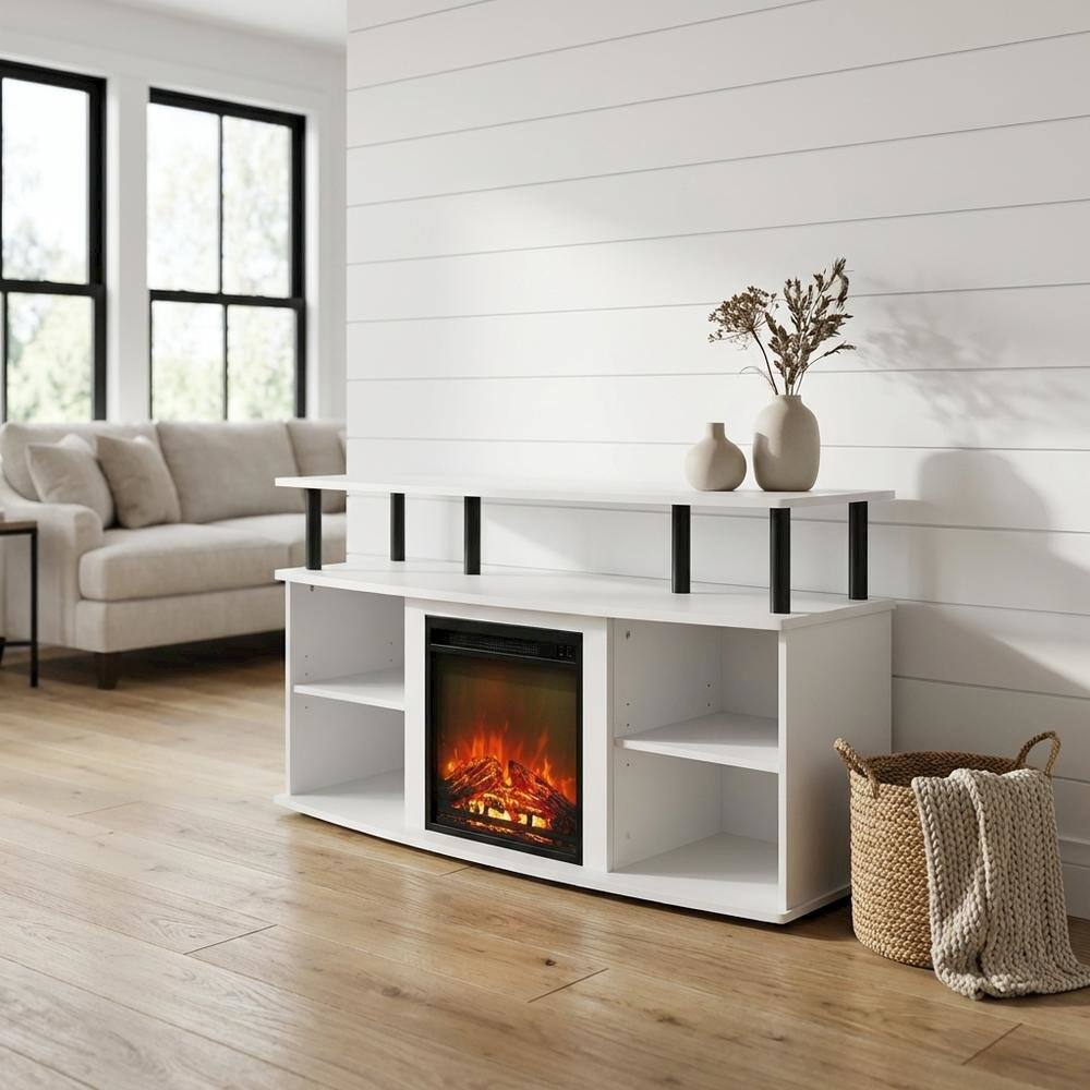 Alt View 3. FurniFact - White open shelving, fireplace entertainment center - Solid White/Black.