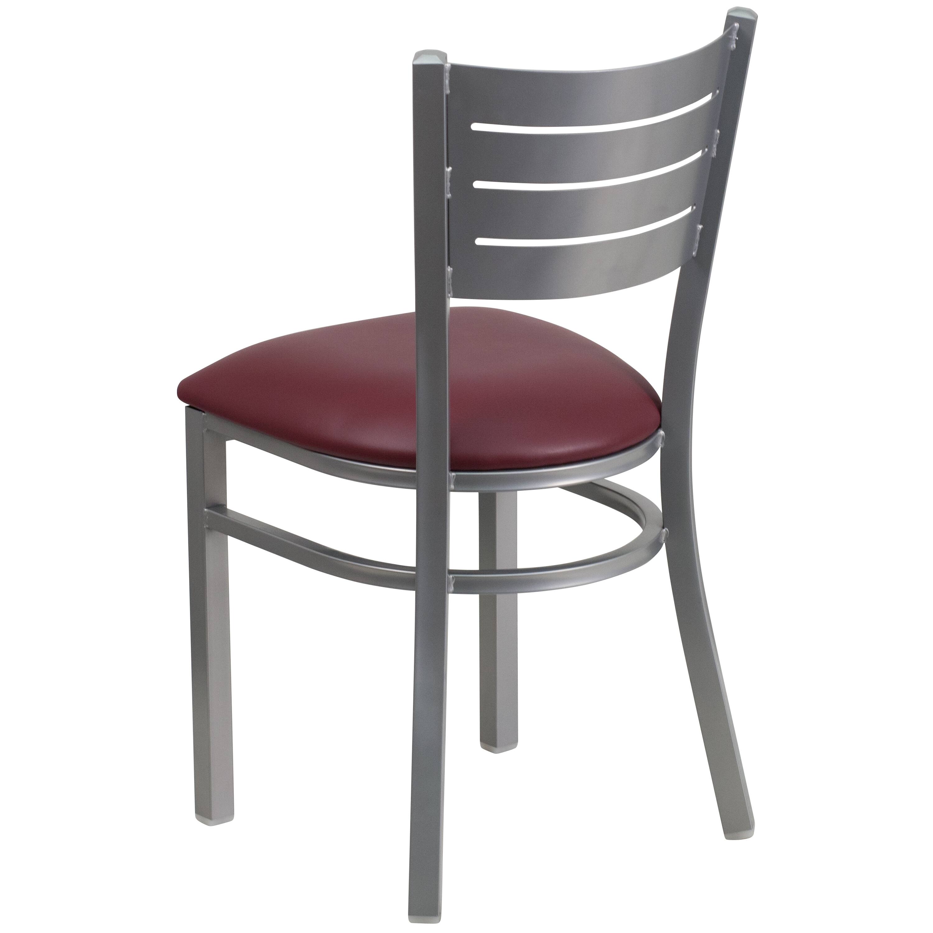 Alt View 3. Emma + Oliver - Silver Slat Back Metal Restaurant Dining Chair - Burgundy Vinyl Seat/Silver Frame.