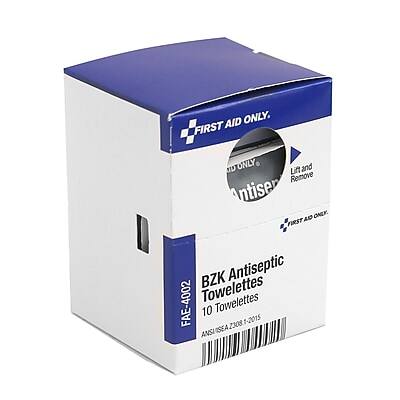 FIRST AID ONLY  
BZK Antiseptic Towelettes  
10 Towelettes  

ANSUISEAZ308.1-2015  
FAC-4002  

Lift and Remove