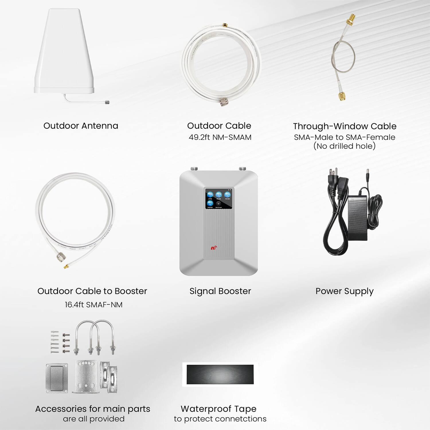 Outdoor Antenna  
Outdoor Cable 49.2ft NM-SMAM  
Through-Window Cable SMA-Male to SMA-Female (No drilled hole)  
Outdoor Cable to Booster 16.4ft SMAF-NM  
Signal Booster  
Power Supply  
Accessories for main parts are all provided  
Waterproof Tape to protect connections
