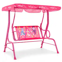 Costway - 2-Seater Toddler Porch Swing Chair with Metal Stand Adjustable Canopy Safety Belts - Pink