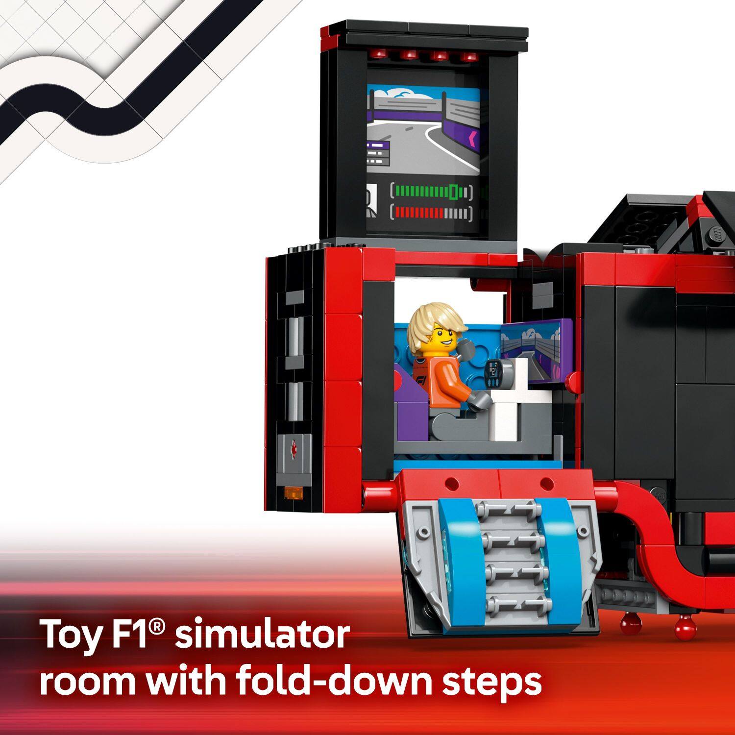 Toy F1 simulator room with fold-down steps.