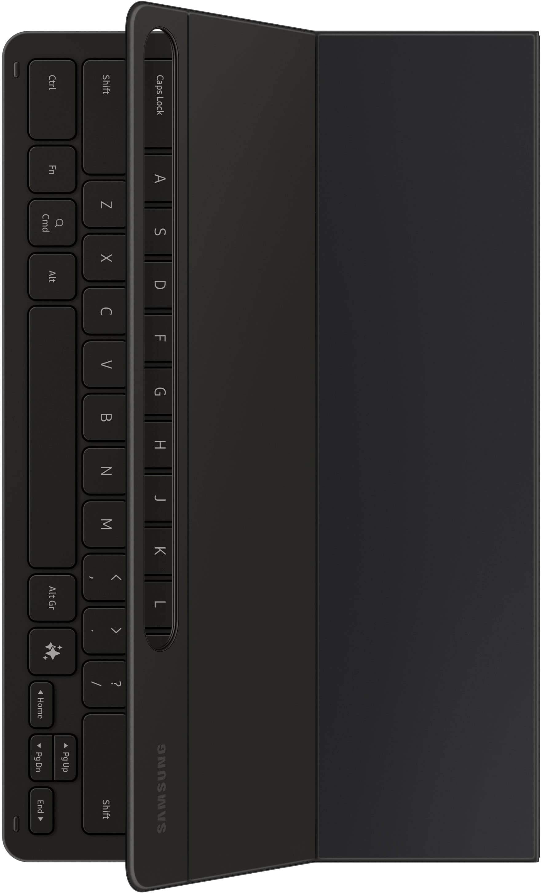 The image shows a close-up of a keyboard with a Samsung logo on it. The keyboard has a black background and white letters, including the letters "Ctrl," "Shift," "Caps Lock," "Fn," "Cmd," "O," "Z," "S," "Alt," "X," "D," "F," "L," "V," "Home," "PgDn," "End," "Pg Up," and "?" on it. The keyboard also has a "Shift" key, a "SAMSUNG" logo, and a "Ctrl" key.