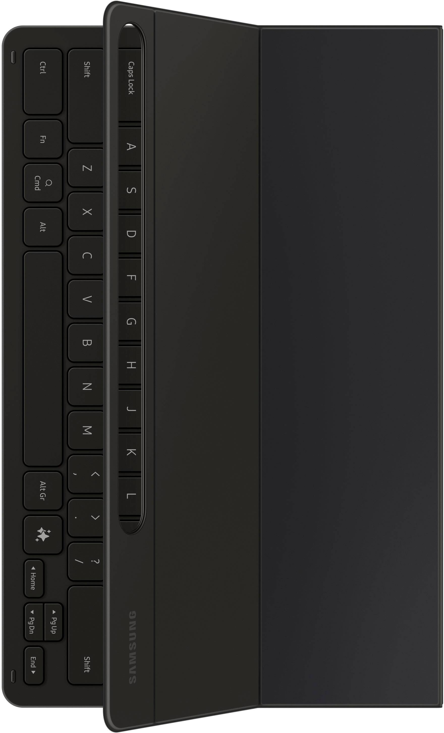 The image shows a close-up of a keyboard with a Samsung logo on it. The keyboard has a black background and white letters, including the letters "Ctrl," "Shift," "Caps Lock," "Fn," "Cmd," "O," "Z," "S," "Alt," "X," "D," "F," "L," "V," "Home," "PgDn," "End," "Pg Up," and "?" on it. The keyboard also has a "Shift" key, a "SAMSUNG" logo, and a "Ctrl" key.