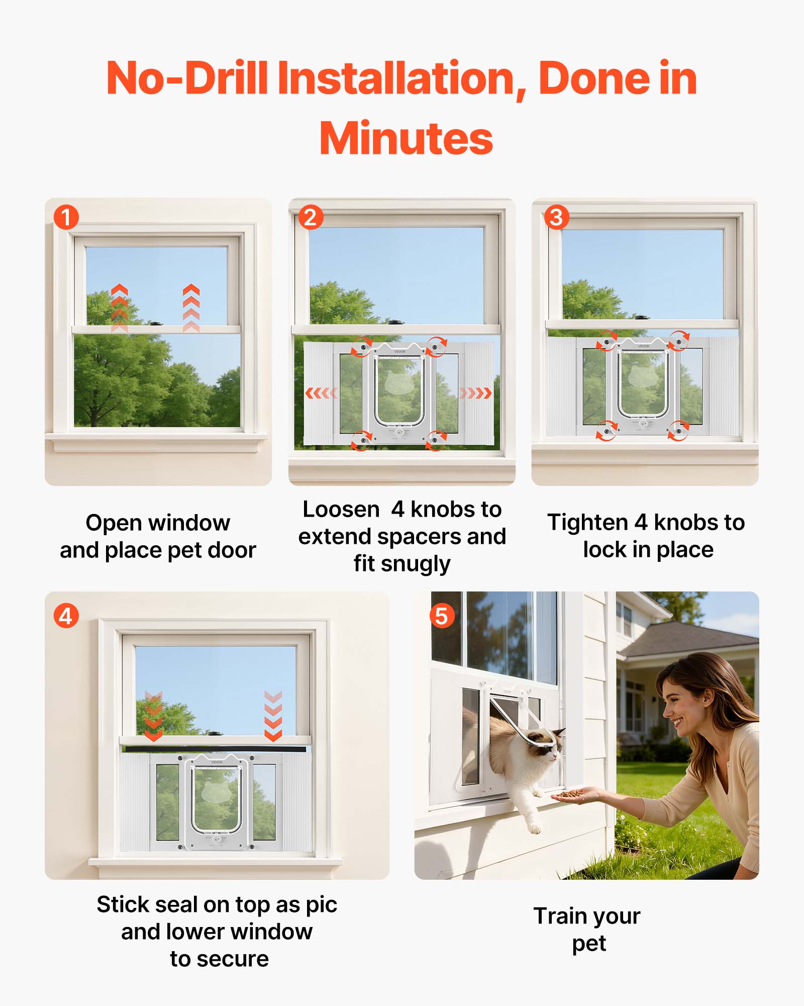 No-Drill Installation, Done in Minutes

1. Open window and place pet door
2. Loosen 4 knobs to extend spacers and fit snugly
3. Tighten 4 knobs to lock in place
4. Stick seal on top as pic and lower window to secure
5. Train your pet