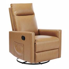 AOITUN - Swivel Rocker Recliner Chair, Faux Leather Glider for Nursery Living Room, Manual Reclining Sofa with Side Pocket, Tan - Brown