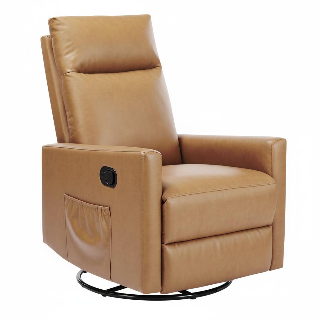 Front. AOITUN - Swivel Rocker Recliner Chair, Faux Leather Glider for Nursery Living Room, Manual Reclining Sofa with Side Pocket, Tan - Brown.