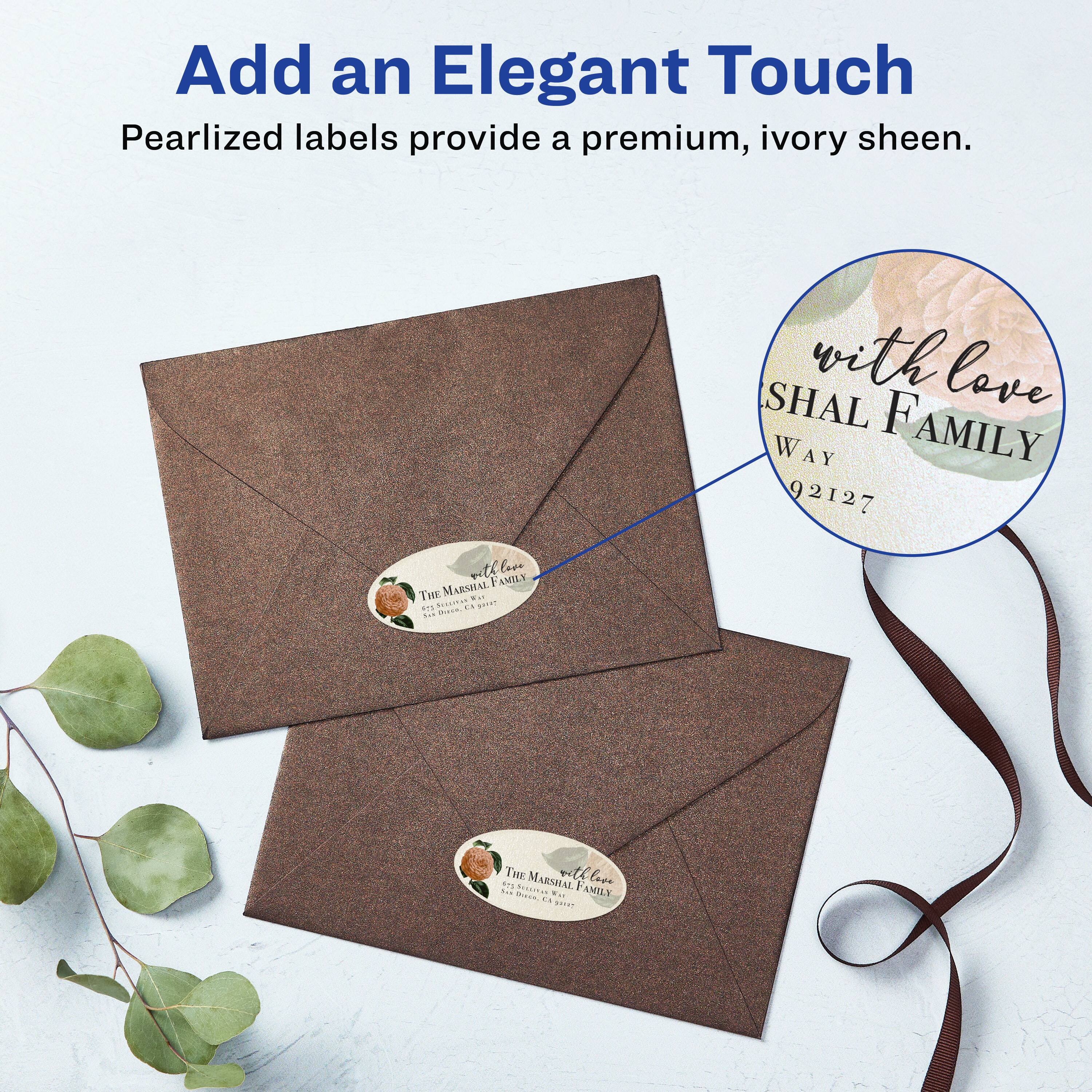 Add an Elegant Touch  
Pearlized labels provide a premium, ivory sheen.  

with love  
SHAL FAMILY  
WAY  
92127  

with love  
THE MARSHAL FAMILY  
12345 SHERWOOD DRIVE  
SANTA CLARITA, CA 91350