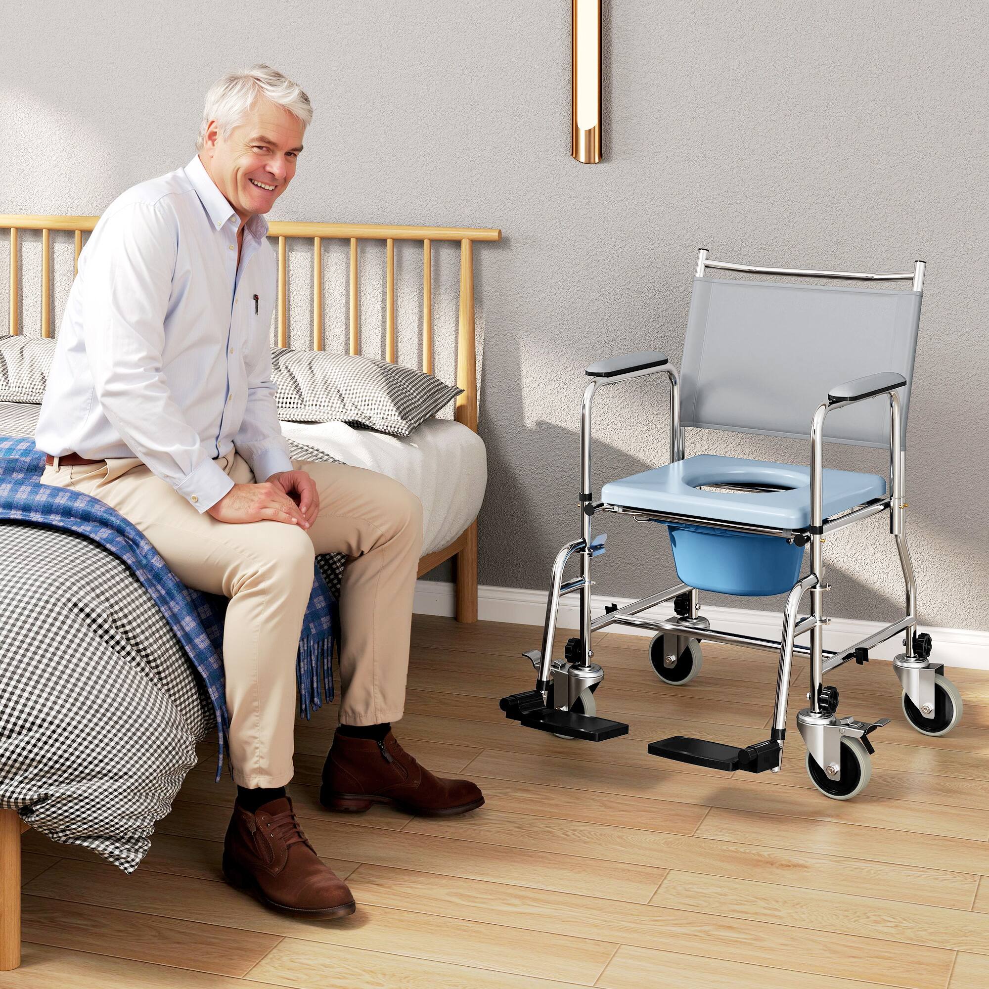 Alt View 1. Homcom - Rolling Commode & Shower Chair with Wheels, 3 in 1 Bedside Commode Chair with Padded Seat, Backrest, for Handicap - Gray.