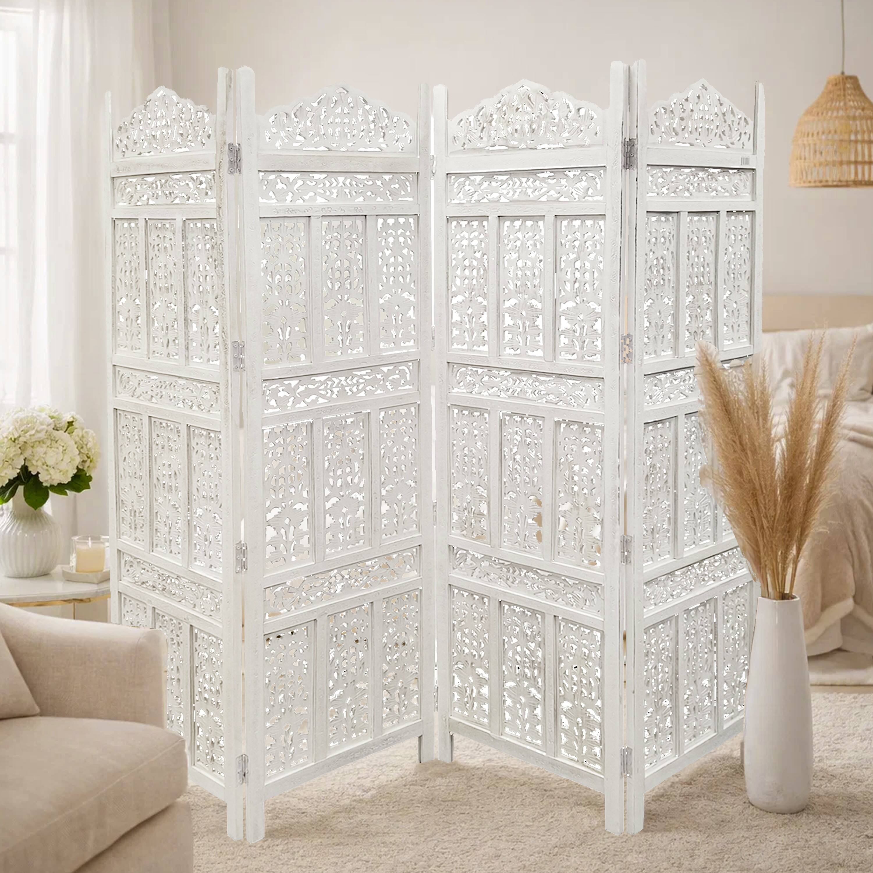 Alt View 5. Manhattan Lane - Aesthetically Carved 4 Panel Wooden Partition Screen/Room Divider - White.