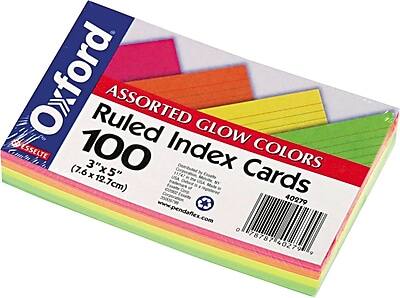 Oxford
Assorted Glow Colors
Ruled Index Cards
100
3" x 5" (7.6 x 12.7 cm)
Esselte
www.pendaflex.com
40279
78787 40279