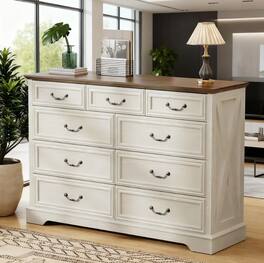 Dyonery - 9 Drawer Dresser for Bedroom, 52" Wide Rustic Wood Chest of Drawers with Large Storage and Metal Handles - White
