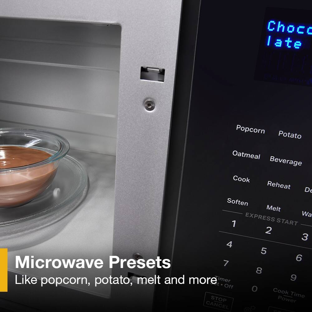 Chocolate, Popcorn, Potato, Oatmeal, Beverage, Cook, Reheat, De, Soften, Melt, EXPRESS, START, 1, 2, 3, 4, 5, Microwave Presets, 6, 7, 8, Like popcorn, potato, melt and more, Timer, 9, popcorn, Off, o, Cook Time, STOP, Power, CANCEL, C