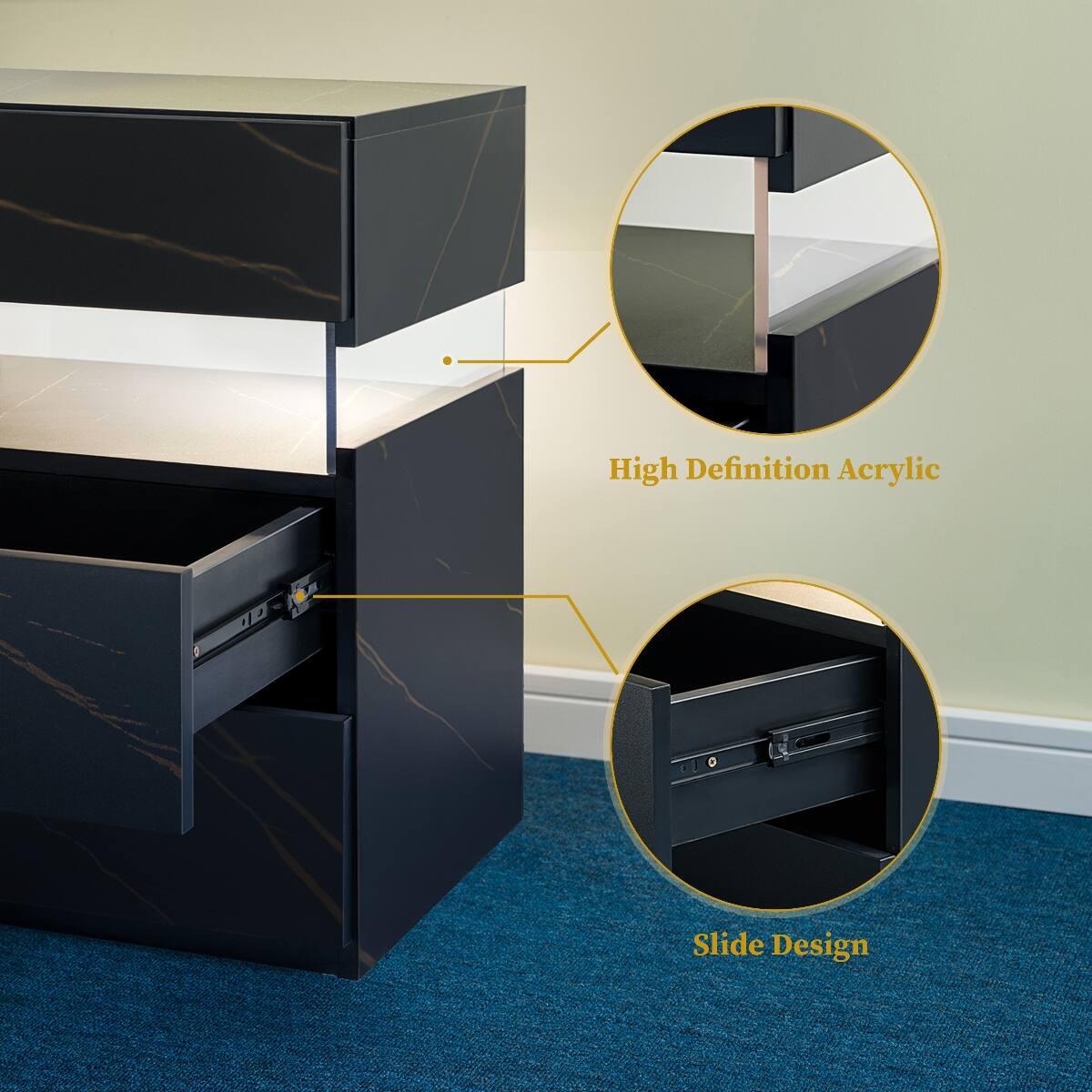 Loheer 3 Drawer LED Nightstand, Black and Gold Acrylic Panel Bedside ...