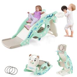 Gymax - 4-in-1 Kids Slide Rocking Toy Slide Rocking Horse w/Basketball Hoop Rings - Green