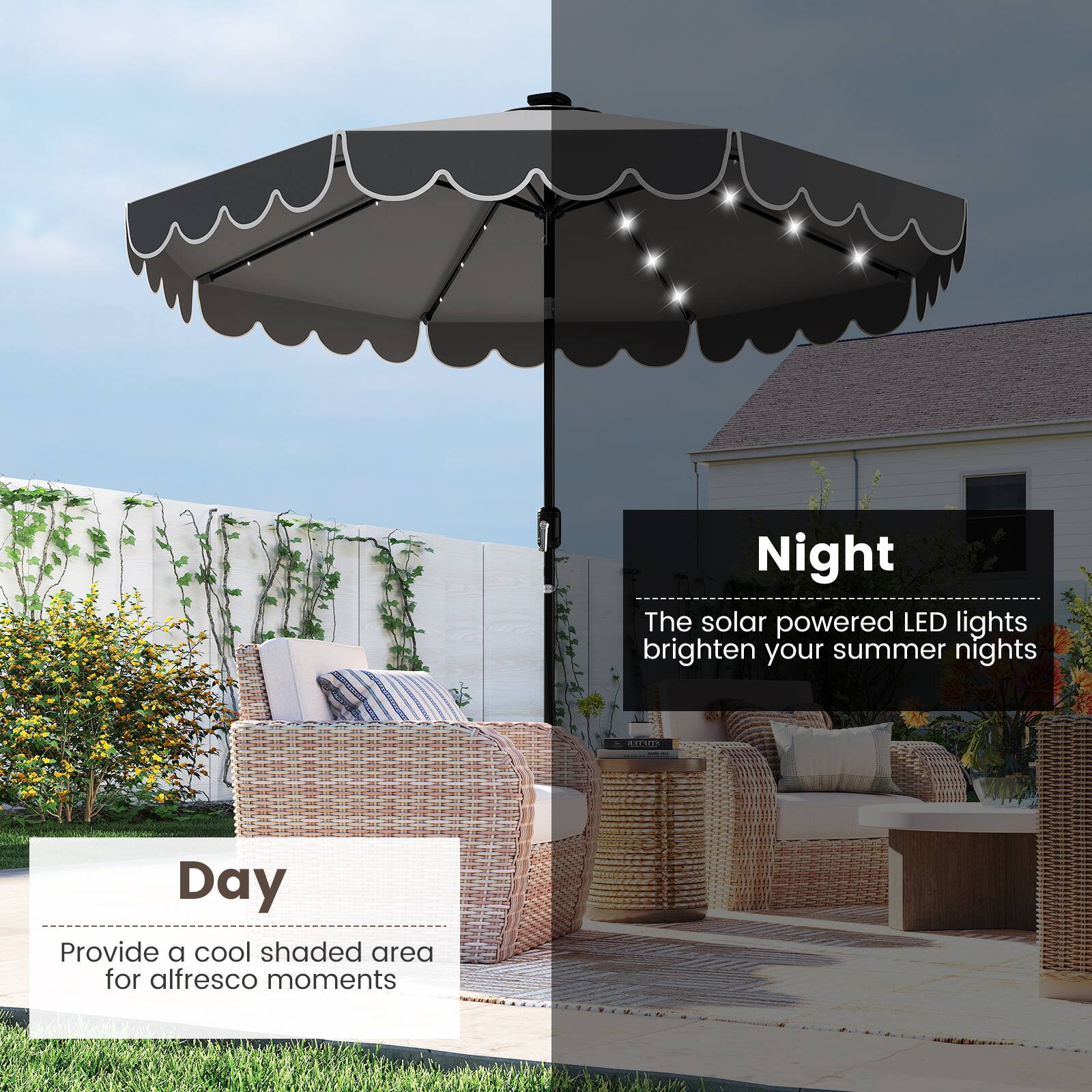 Night: The solar powered LED lights brighten your summer nights.
Day: Provide a cool shaded area for alfresco moments.