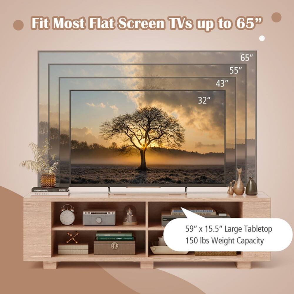 Fit Most Flat Screen TVs up to 65"  
65" 55" 43" 32"  
59" x 15.5" Large Tabletop  
150 lbs Weight Capacity