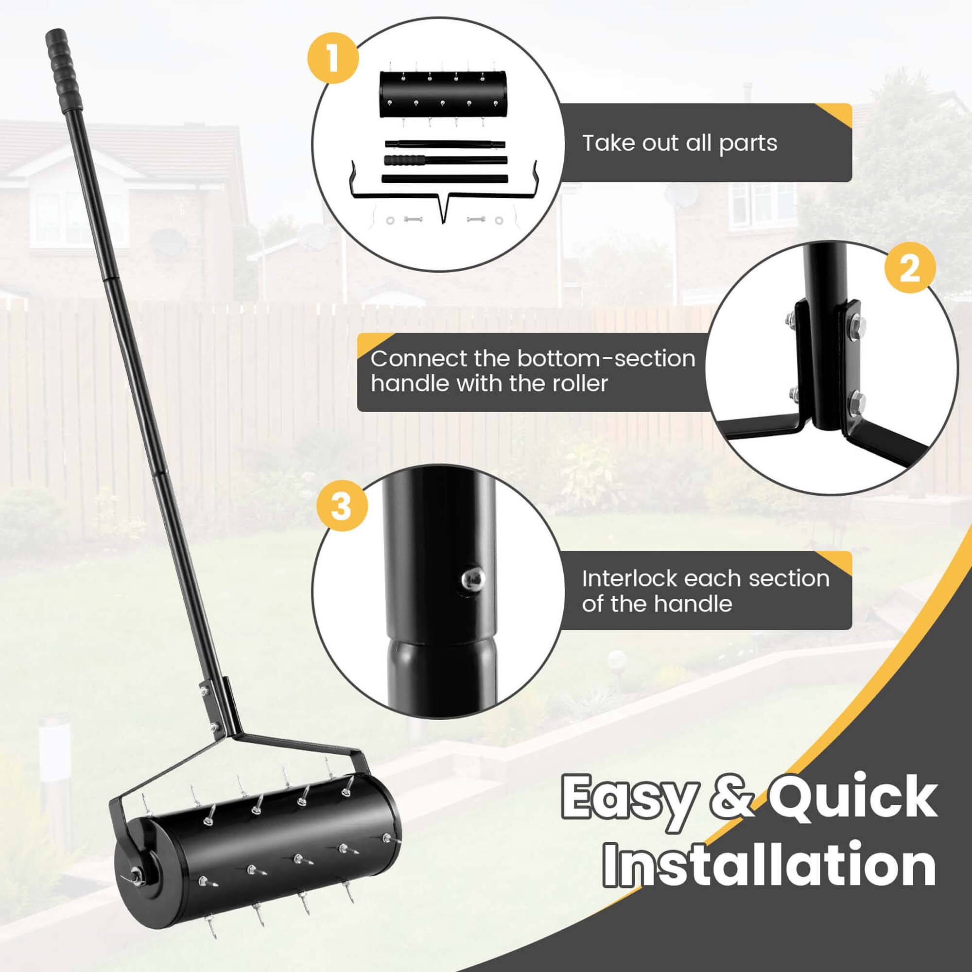 1. Take out all parts  
2. Connect the bottom-section handle with the roller  
3. Interlock each section of the handle  

Easy & Quick Installation