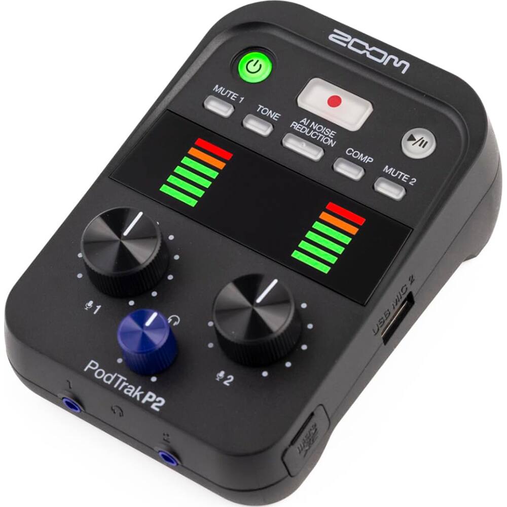 ZOOM  
PodTrak P2  

MUTE 1  
TONE  
AI NOISE REDUCTION  
COMP  
MUTE 2  

USB MIC 2  

1  
2