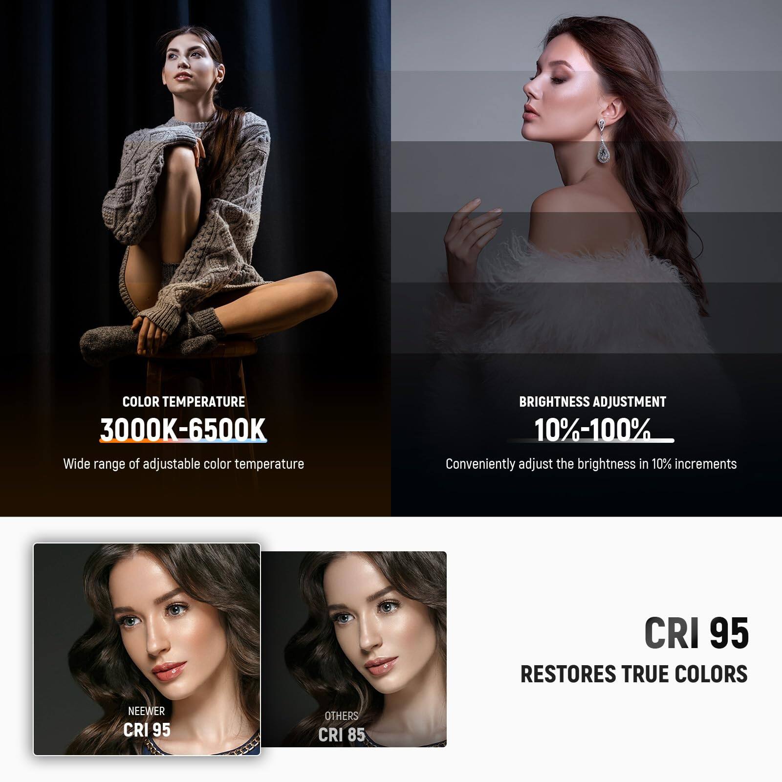 **COLOR TEMPERATURE**  
3000K-6500K  
Wide range of adjustable color temperature  

**BRIGHTNESS ADJUSTMENT**  
10%-100%  
Conveniently adjust the brightness in 10% increments  

**CRI 95**  
RESTORES TRUE COLORS  

NEEWER CRI 95  
OTHERS CRI 85