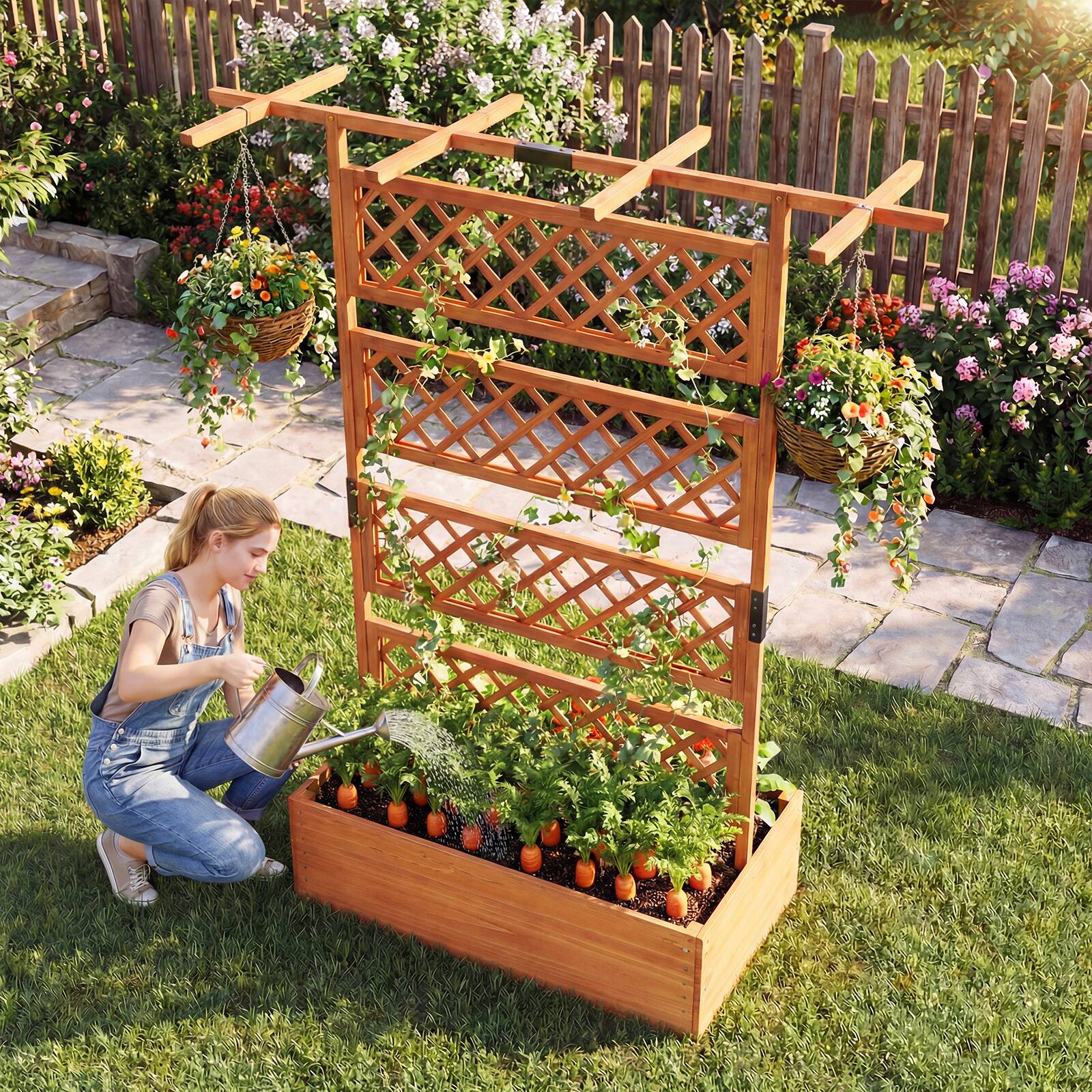 Alt View 9. Gymax - Gymax 2PCS Wooden Planter Box w/Lattice Trellis Flat Roof Drainage for Climbing Plant Orange - Orange.